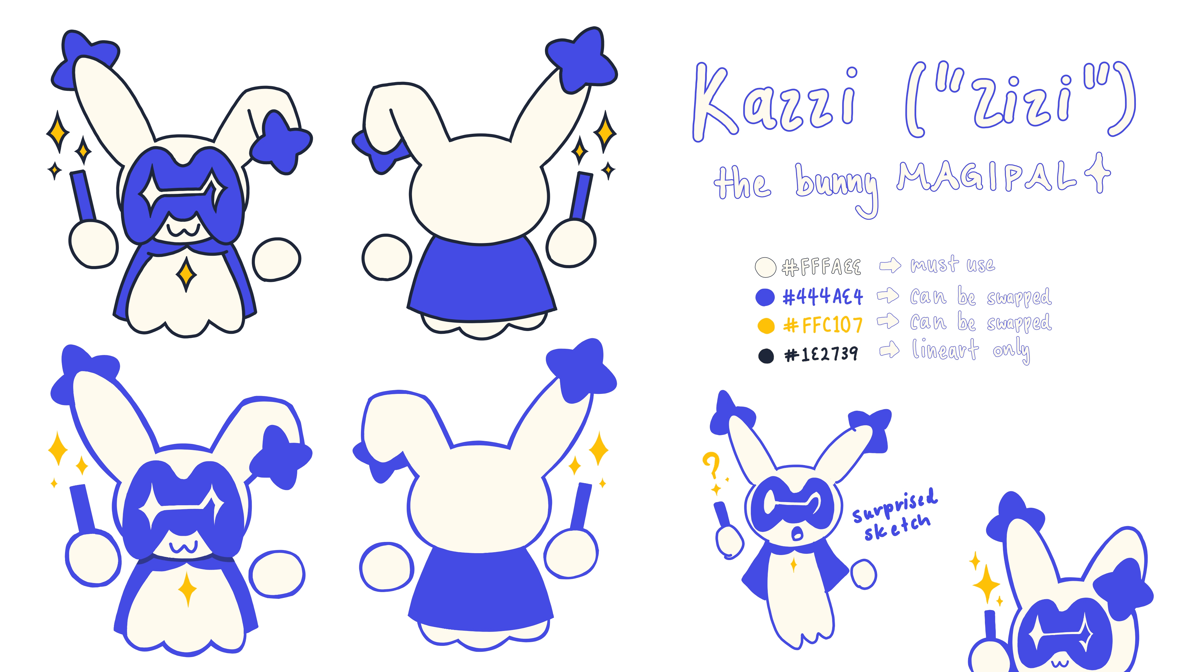 A character sheet of Kazzi, a rabbit-like creature with no legs and floating arms, holding a wand and wearing a purple cape and purple mask shaped like a game controller