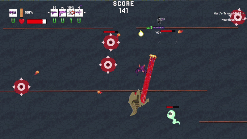 A gif of a 2D pixel shooter game, featuring lots of enemies swarming the player