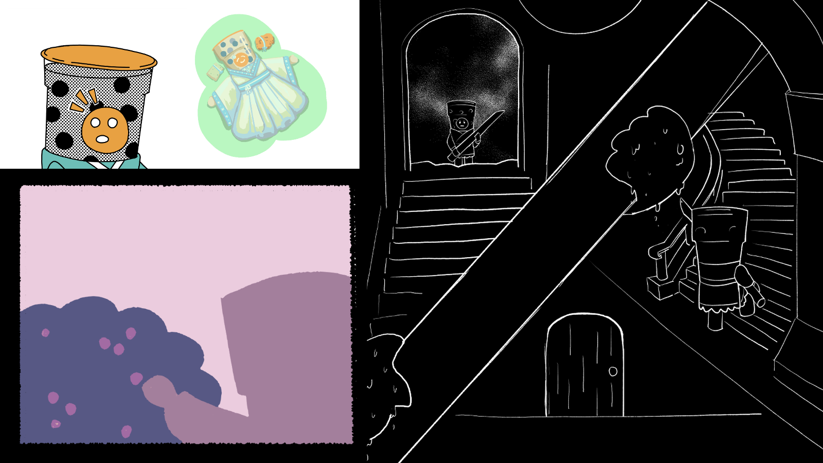 A collage of art of an anthropomorphic milk tea character