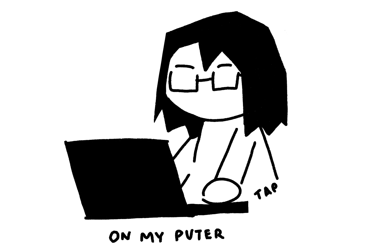 A 2-frame gif of a bespectacled person typing